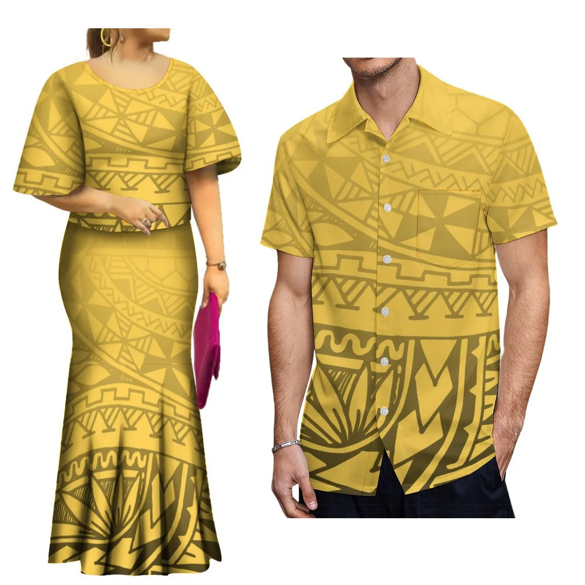 Polynesian tribe fashion designs a long fishtail skirt flared sleeve  and a Puletasi mermaid skirt with a men shirt couple suit