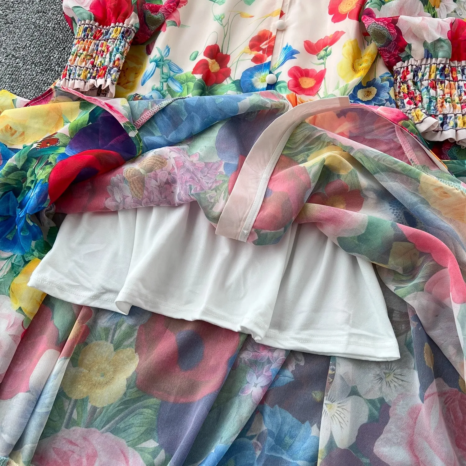 Moda lindo flor chiffon maxi babados vestido feminino sexy decote em v profundo manga longa lanterna floral impressão boho robe vestidos