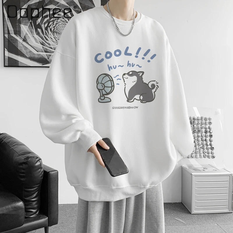 

Spring and Autumn Men's Crew Neck Dog Print White Black Apricot Light Gray Sweatshirt Couple Casual Loose Blue Velvet Sweatshirt