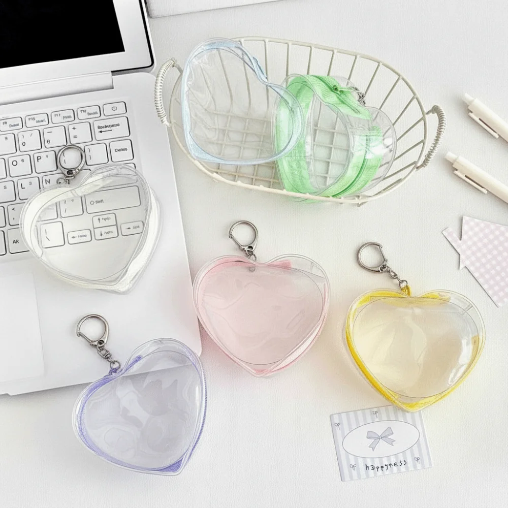Cute Colorful Heart Figure Carrier Bag Keychain Kawaii Zipper Closure Display Pouch Lightweight PVC Doll Protector Case Travel