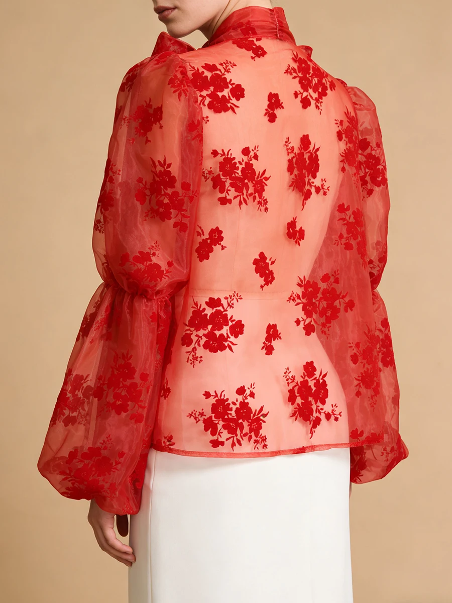 VGH أنيقة الأزهار الطباعة الشيفون قميص للنساء وشاح طوق الجوف خارج تصميم نفخة الأكمام بقماش شفاف مثير بلوزة الإناث جديد #4