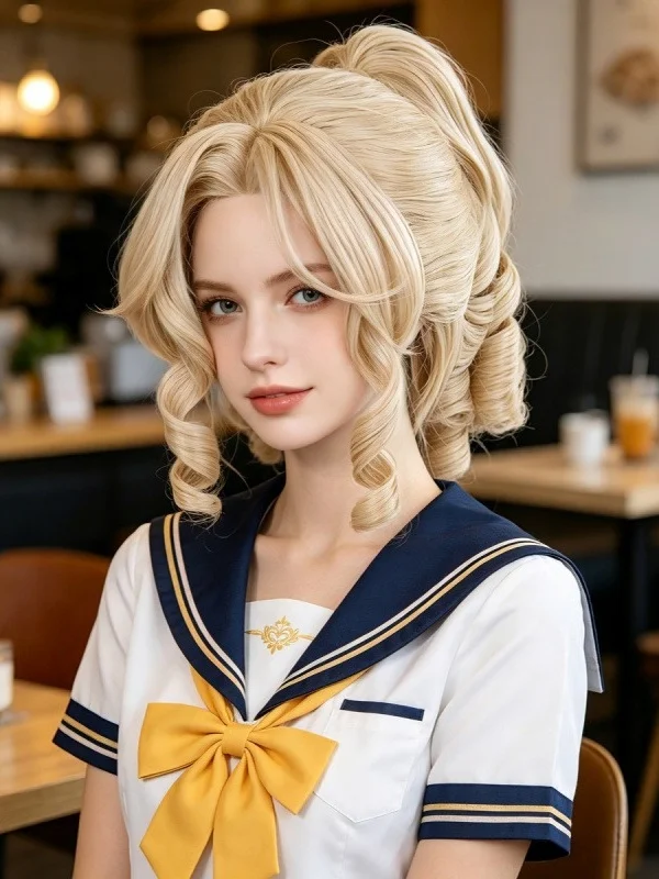 Blonde High Ponytail Spiral Curl Synthetic Wig Rococo Victorian Vintage Women Royal Court Halloween Cosplay Party Masquerade Cos