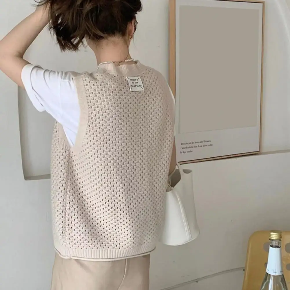 Chaleco ahuecado para mujer, camiseta sin mangas de punto de estilo japonés elegante, suéter de cuello redondo con diseño de punto hueco elástico