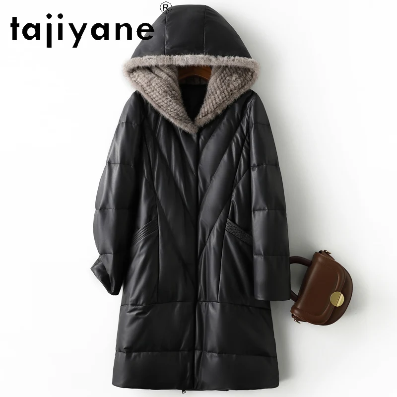 TAJIYANE 100 % genarbter Schaffell-Gänsedaunenmantel, schwarze Echtleder-Pufferjacke für Damen mit Nerzpelzmütze, 2025, Winterkleidung