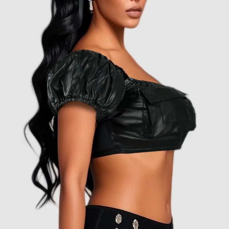 2025 신상 여성 섹시 오프숄더 튜브탑 - 블랙 PU 가죽 슬림 크롭 블라우스