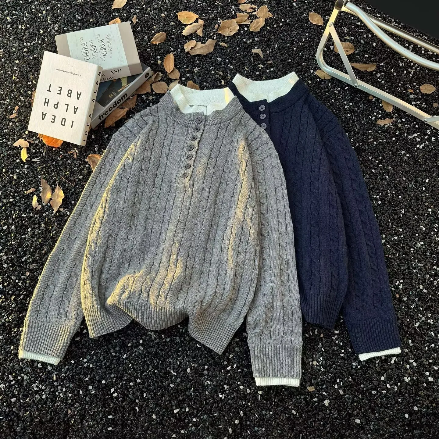 

American Retro Knitted Twist Fake Two-Piece Knitwear Men's Autumn Winter Lazy Sle Casual Loose Old Money Sle Sweater