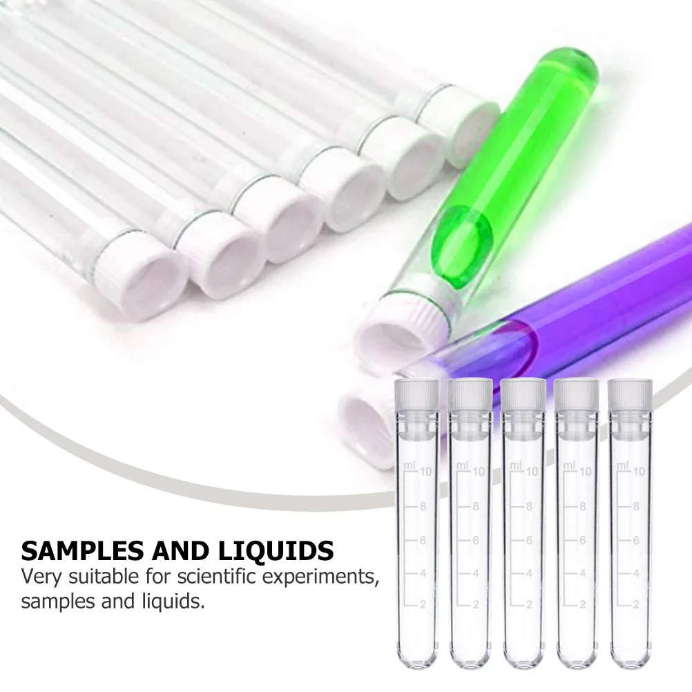 50pcs Test Tubes 10Ml Plastic Liquid Containers Stoppers Durable Science Labs Equipment Teaching Tool Chemistry Experiment