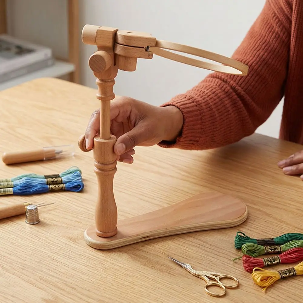 

Portable Embroidery Hoops Stand Embroidery Holder Stable Cross Stitch Rack Rotatable Holder DIY Wood Rotary Hoop Holder