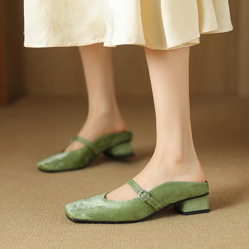 

2024 new hot summer women sandals plus size 22-26.5cm fabric buckle Mary Jane mules square toe women shoes Chinese style