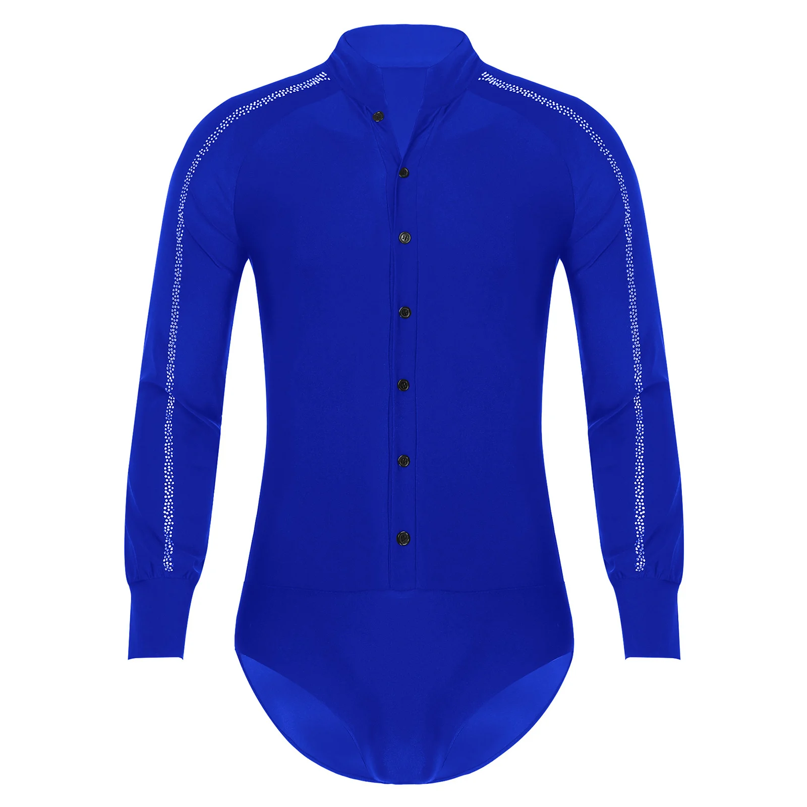 Mens Shiny Rhinestones Latin Tango Rumba Dance Performance Costume Stand Collar Long Sleeve Bodysuit Shirt Top CompetitioLeotard