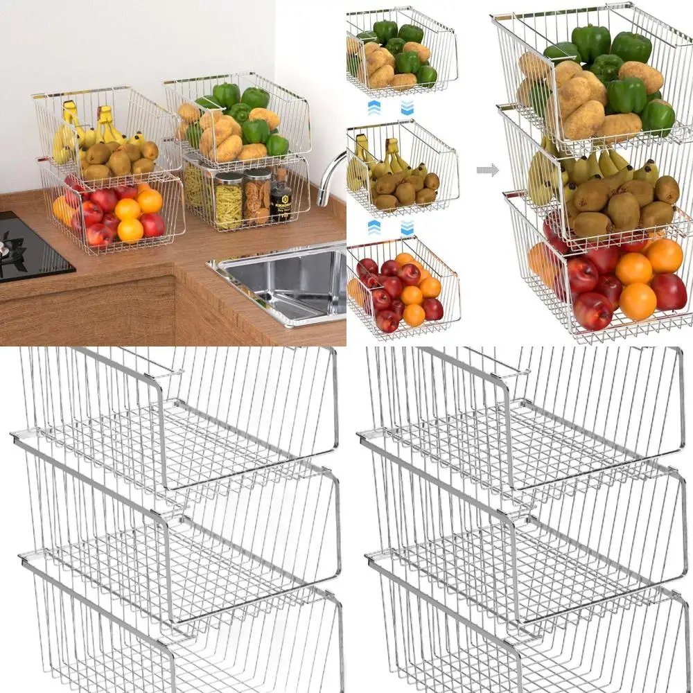 

Штабелируемые металлические корзины из проволоки для хранения на кухне, в шкафу и в ванной комнате — набор из 3 предметов