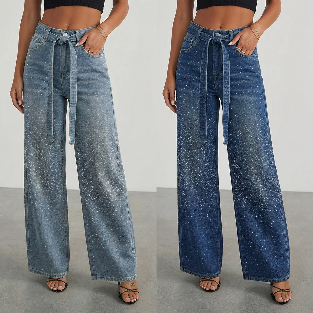 

Women Denim Pant Jeans Wide Leg Long Pants Lace Up High Waist Straight Trousers Y2k Streetwear Elegant Splice Work Casual Loose