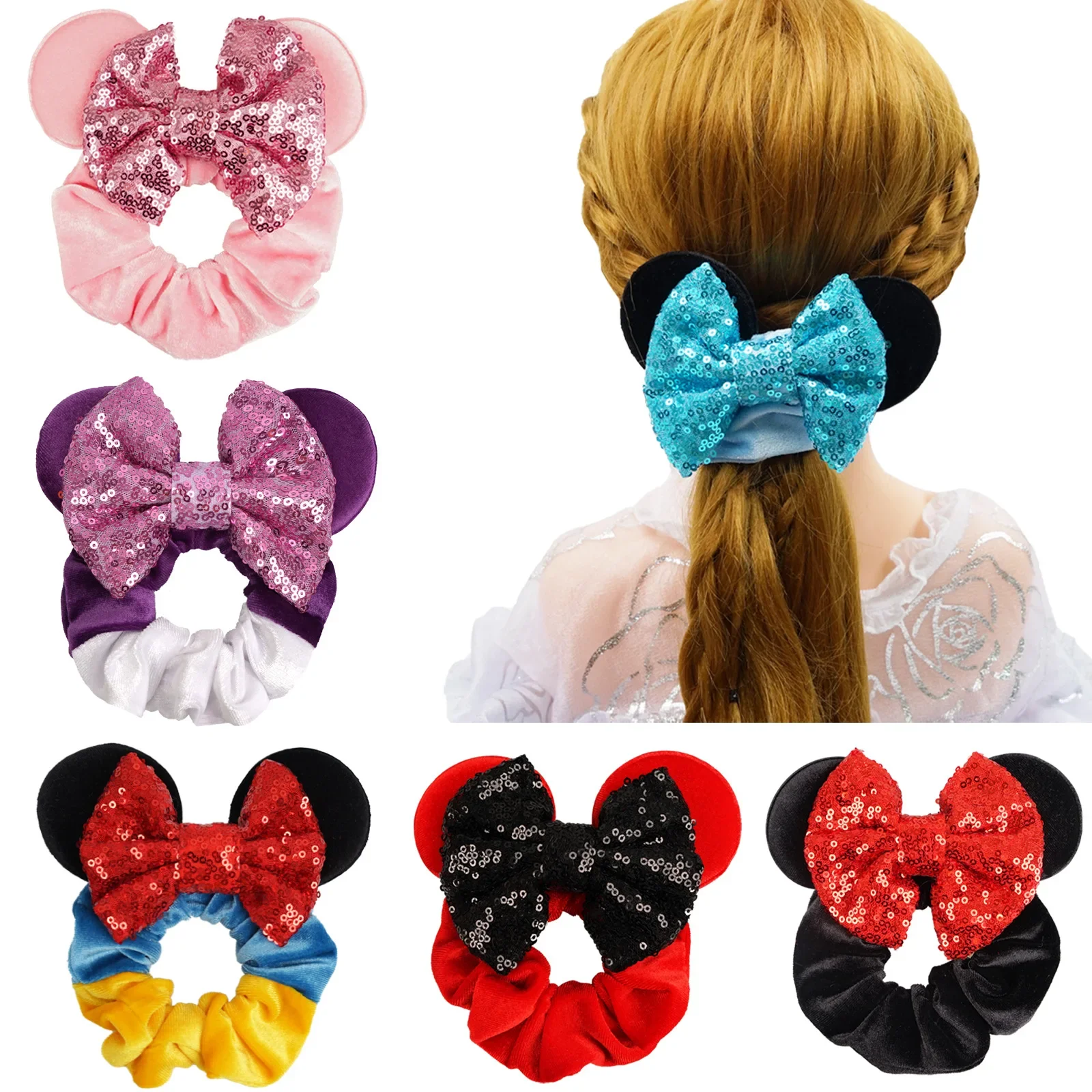 

Disney Princess Children Hair Tie Mickey Ear Flannel Big Scrunchie Sequins Bow Christmas Holiday Party Headwear Hair Accessories