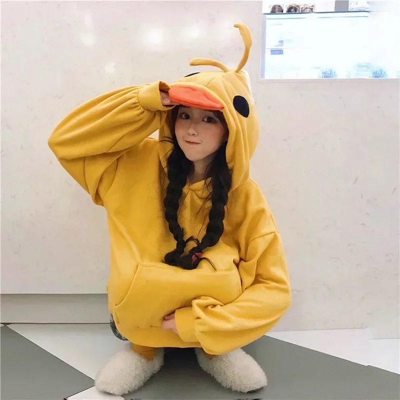 Pato hoodies feminino manga longa bonito topos 2024 novo inverno amarelo casual pulôver kawaii macio menina harajuku hoodie feminino outono