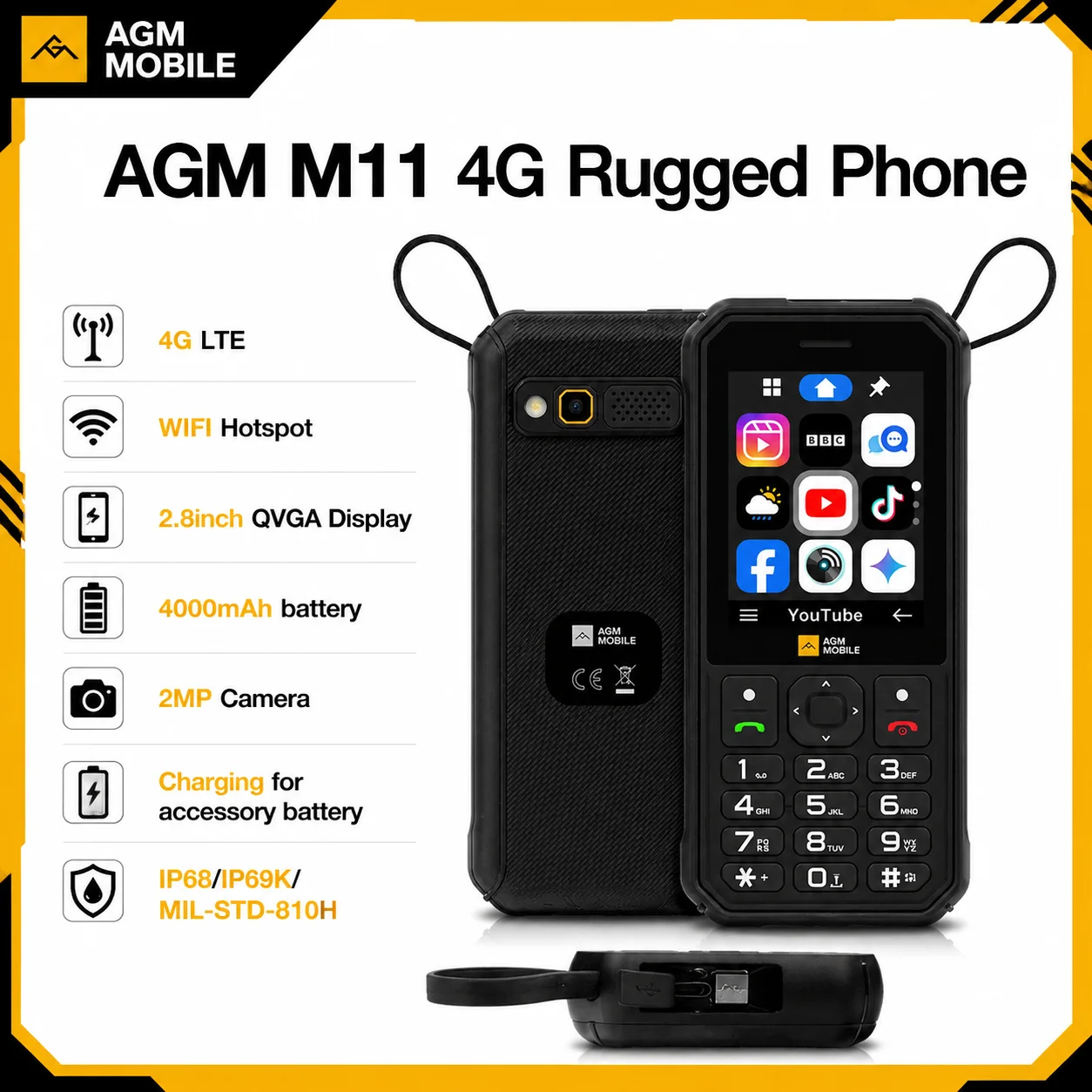 AGM M11 4G Rugged Phone IP68 Waterproof 4000mAh Removable Battery Wi-Fi Hotspot Reverse Charging FM Radio for Outdoor