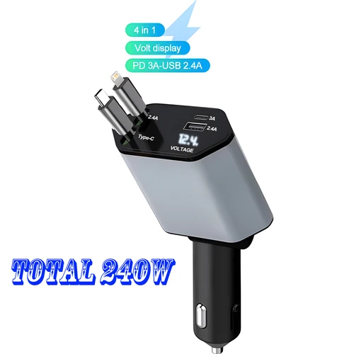 Imagen 2 del producto Cargador de coche 4 en 1 de 240W/120W, cargador de coche retráctil, Cable de cargador rápido USB tipo C para IPhone, Xiaomi, Huawei y Samsung