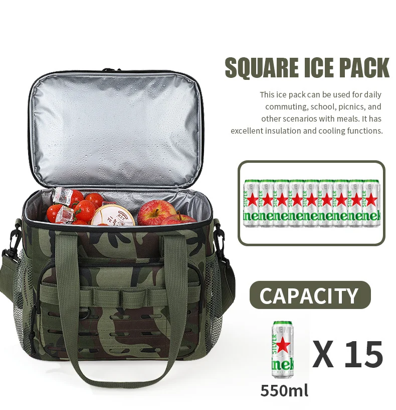 Tarnfarbene Outdoor-Picknicktasche mit doppelter Schicht, tragbare Isoliertasche, Camping-Lunchbag mit großem Fassungsvermögen, Outdoor-Kühltasche, Lunchbox – Detail 2