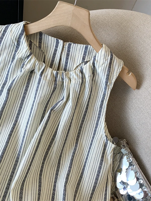 Gilet rétro rayé en coton et lin pour femmes, poupée Svel ample, haut irt, grande taille, tendance, été