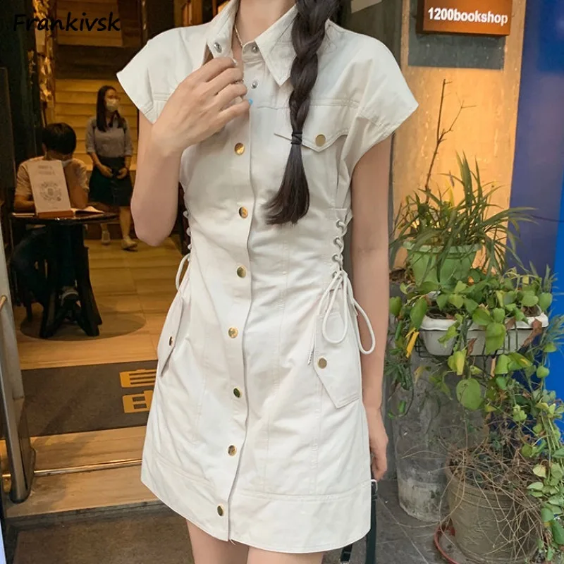 

Dress for Women Bandage Simple Single Breasted Pockets Safari Style Summer Ulzzang Design Turn-down Collar Slim Fashion Casual