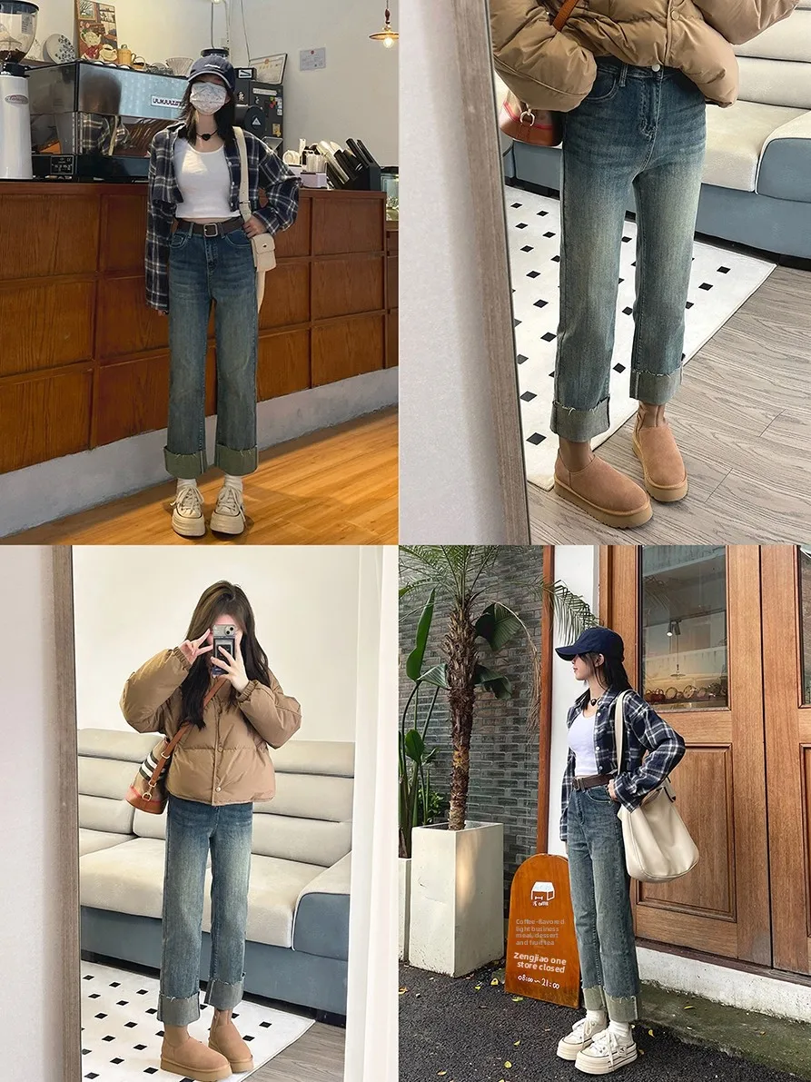 

Винтажные прямые джинсы Tryolo Distred, свернутые джинсовые брюки с высокой износостойкой талией, хлопковые эластичные джинсы глубокого цвета