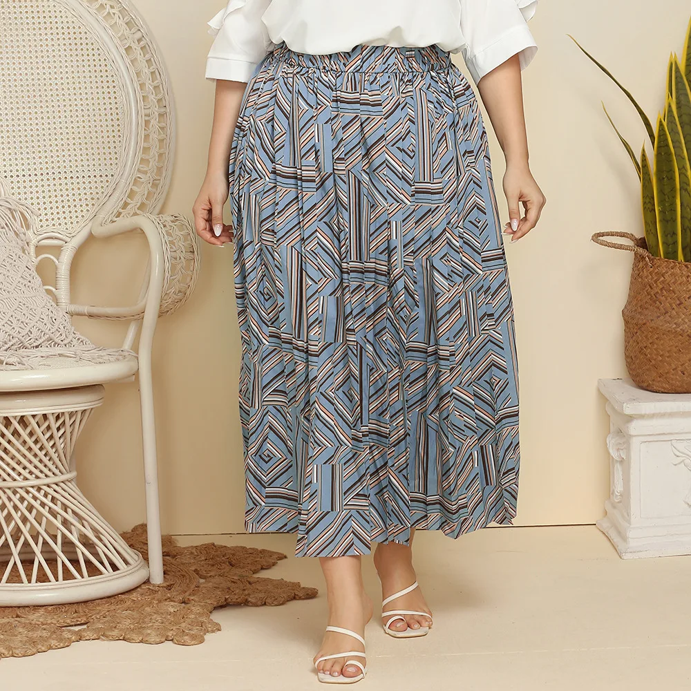 Plus Size Long Dress Women\'s Geometric Print Pleated Skirt Spring and Autumn New Soft Fashion Loose Skirt For Female