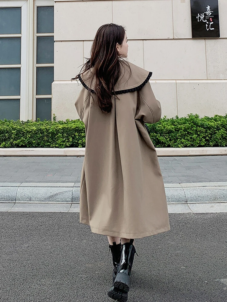 LANMREM Fashion Trench Women\'s Long Sleeves Contrast Color Single Breatsed Mid Length Windbreaker 2024 Autumn New 2Z2362