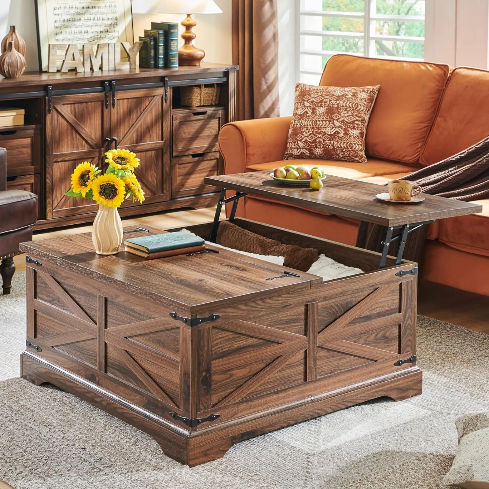 US Farmhouse Lift Top Coffee Table with Storage, 36 Wood Square Center Table with Large Hidden Compartment, Rustic