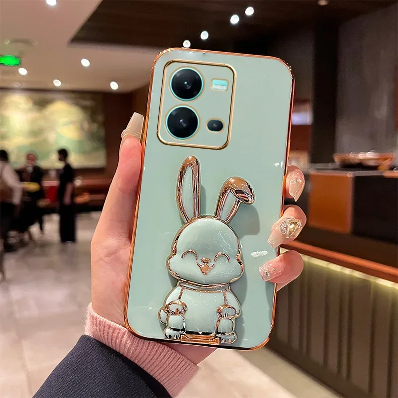 Rabbit Astronaut Phone Case For Vivo V21 5G V20 V21E V23 V23E V25 For Vivo Y76 Y77 Y52 Y55 Y73 Y72 Y76S Telescopic Bracket Cover