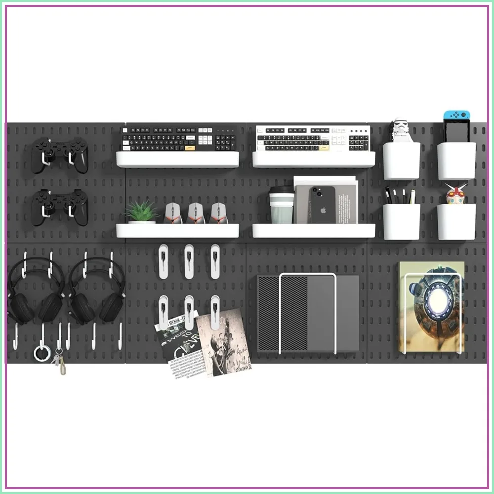 Pegboard Combination Kit, 8 Peg Boards and 30 Accessories Modular Hanging Black Pegboard for Wall, Office Organizer, Keys Holder, Nursery Storage, 44"x22"