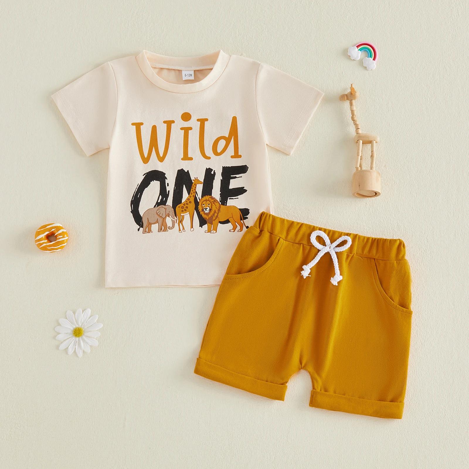 

Newborn Baby Boy Girls 1st Birthday Outfits Short Sleeve Crew Neck Animals Letters Print T-shirt and Elastic Waist Shorts Set