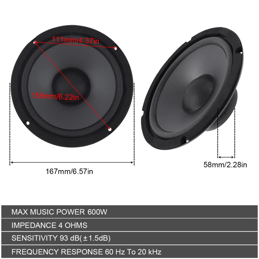 Yiye lang Car Stereo Speaker 6.5 Inch Coaxial Speaker Car 600W Car Subwoofer 2-Way Speaker 1 Pair Car Speaker Car Stereo System