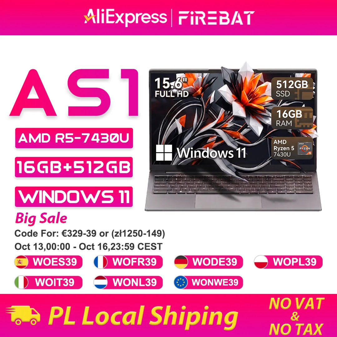 Firebat Laptop AS1 AMD Ryzen5 7430U 16GB DDR4 3200Mhz 512GB SSD 15,6 Zoll IPS Windows 11 Notebook Typ-C Wifi6 Volltastatur