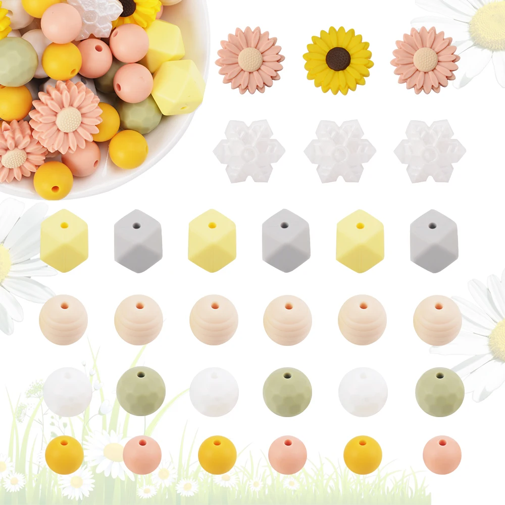 LOFCA 22mm Daisy Round Silicone Safe Round Teeth Jewelry Treasure Snowflake Teething Beads DIY Chew color baby teething