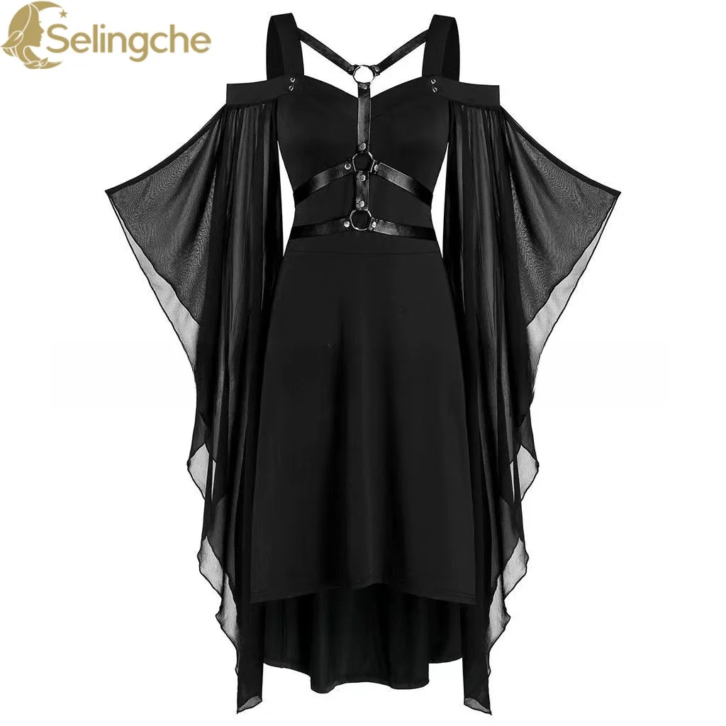 

European and American Women's Clothing Gothic Punk Style Mesh Splicing Strap Dress Long Skirt Halloween Cosplay Costume