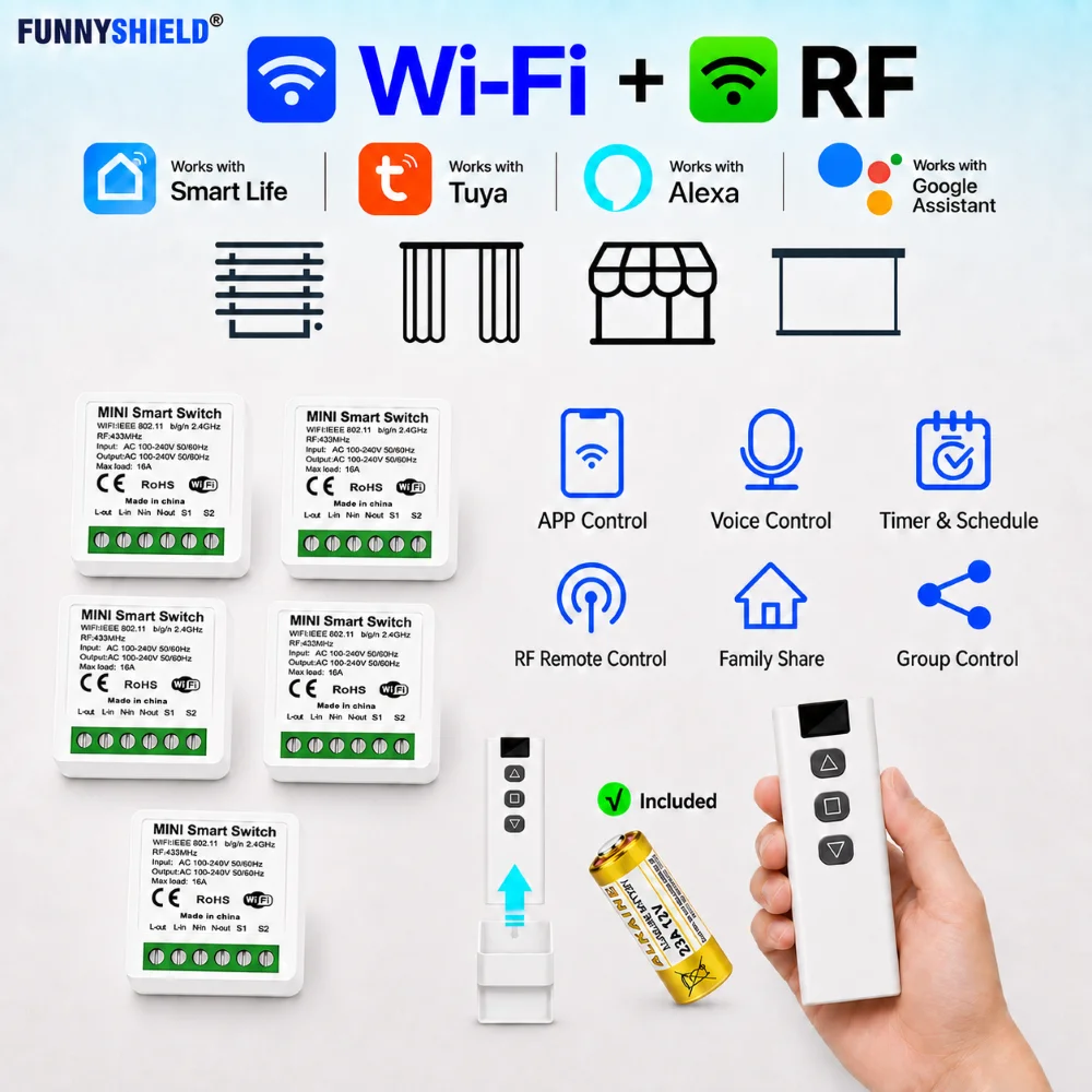 FUNNYSHIELD WIFI Tuya RF Wireless 433Mhz Remote Control Smart Switch AC 110V 220V 16A Dry Relay Receiver for Garage Door Led Fan