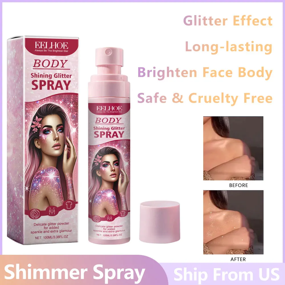 100ml Body Glitter Highlighter Shiny Glitter Spray Body Spray Womens Face Glitter Quick-Dry Waterproof Fairy Body Shimmery Spray