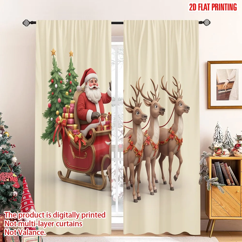 

2pcs 2D flat printing Merry Christmas Scene Curtains Santa Sleigh Reindeer Christmas Polyester Without Electricity Family Party