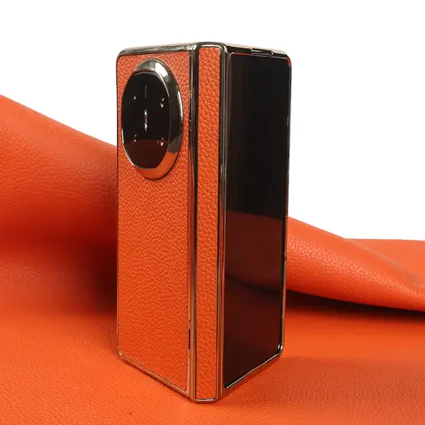 Gold-plating Lychee Genuine Leather Case For Huawei Mate X6 X7 X5 Phone Back Cover Case MateX6 MateX7 MateX5 Central Axis Design