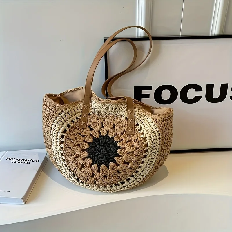 Handgewebte Sommer-Rundstrohtasche im Bohemian-Stil für Damen – Lässige Strand- und Urlaubstasche aus umweltfreundlicher Faserkunst – Detail 8