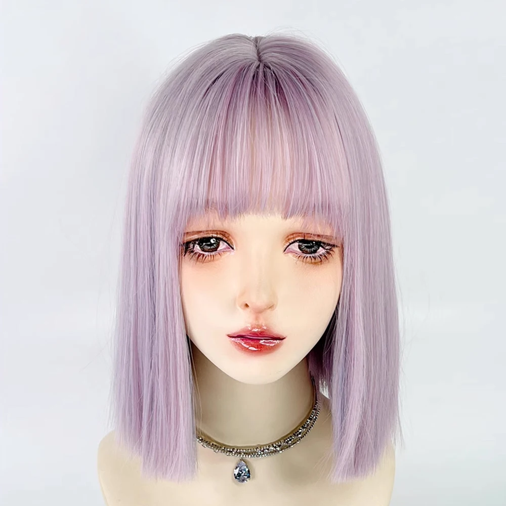 GAKA Purple Blue Mix Short Bob Straight Women Synthetic Wig with Bangs Lolita Cosplay Fluffy Hair Wig for Daily Party