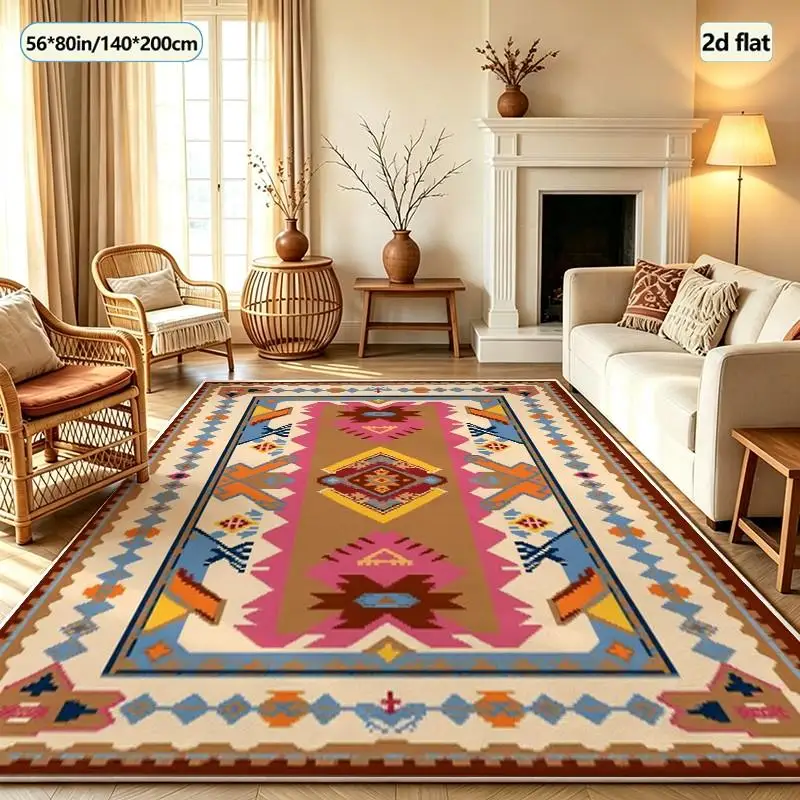 Bohemian Style Ethnic Tribal Geometric Pattern Border Carpet Non-Slip Carpet Soft Indoor Living Room Bedroom Home Floor Mat