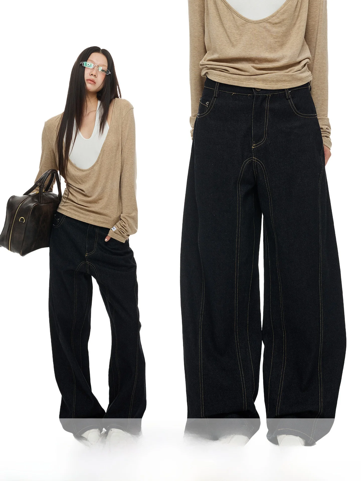 

JIKOO Vintage Original Denim Loose Wide Leg Jeans Women's Casual Straight Cut Trousers mid Waist Slimming Jeans