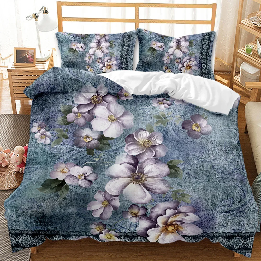 Floral Duvet Cover Set King/Queen Size,Light Purple European Style Flowers Branch Pattern Polyester Comforter Cover Denim Color