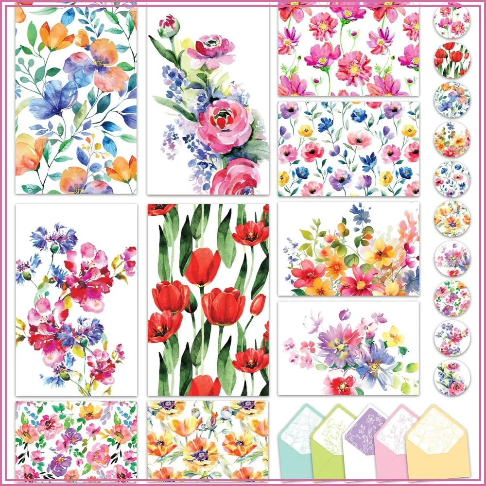 50 Pack Floral Blank Note Cards with Envelopes & Stickers - 10 Designs, 4x6in, All Occasions