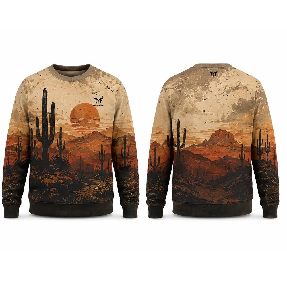 New Men's Western Desert Print Sweatshirt Retro Cowboy Cactus Sunset Crewneck Pullover Fall Long Sleeve Casual Streetwear Top