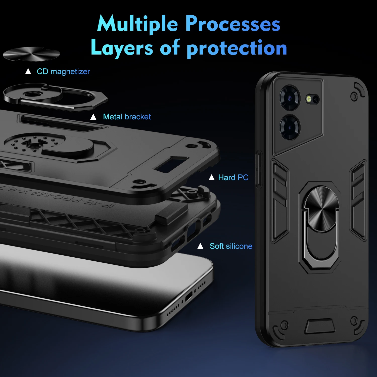 Rugged Armor Shockproof Phone Case For Tecno Pova 5 Pro Neo 3 Magnetic Metal Ring Holder Soft TPU Frame Hard Plastic Back Cover