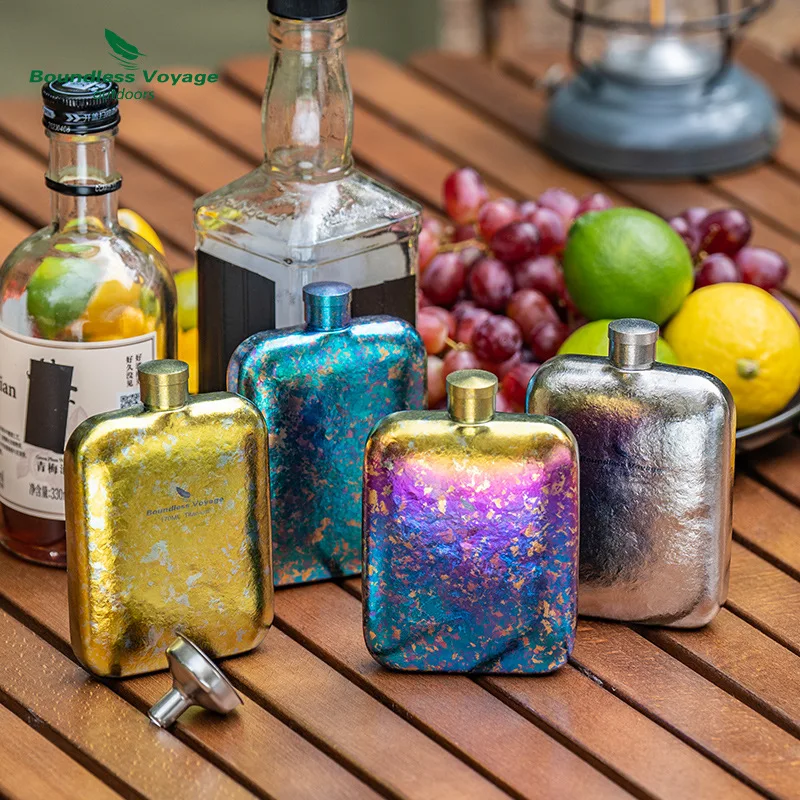 Pure Titanium Crystal Wine Flask with Funnel | Camping Hiking Iridescent Titanium Bottle, Ultra-Light Portable Pocket Flask