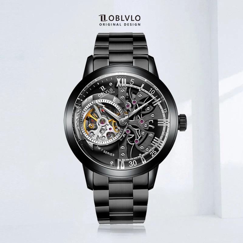 OBLVLO Luxury Retro Men Skeleton Automatic Watch Mechanical Stainless Steel Strap Mineral Crystal Glass Waterproof Clock VM