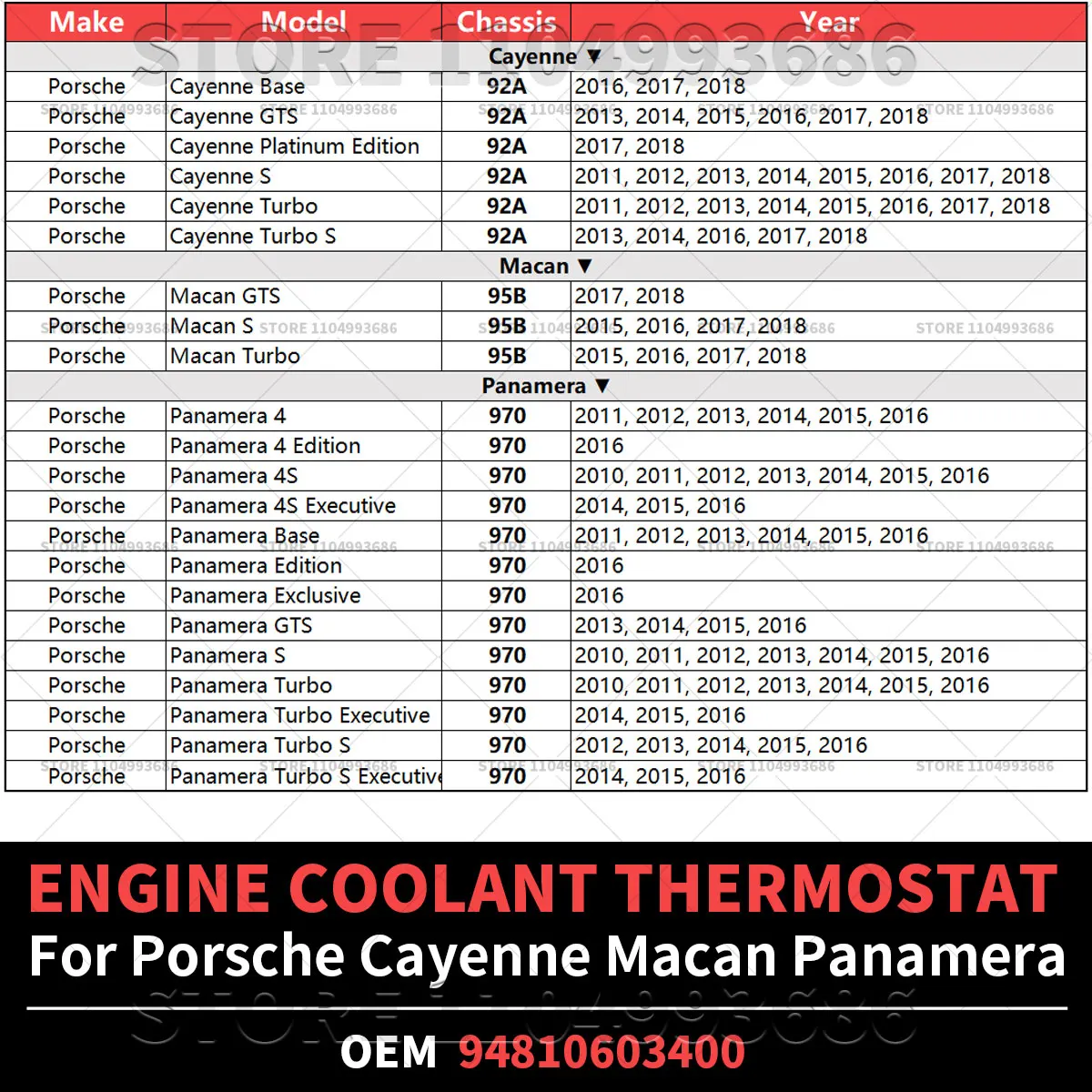For Porsche 2011-2018 Cayenne 2010-2016 Panamera 2015-2018 Macan Engine Coolant Thermostat OEM 94810603400 94810603401