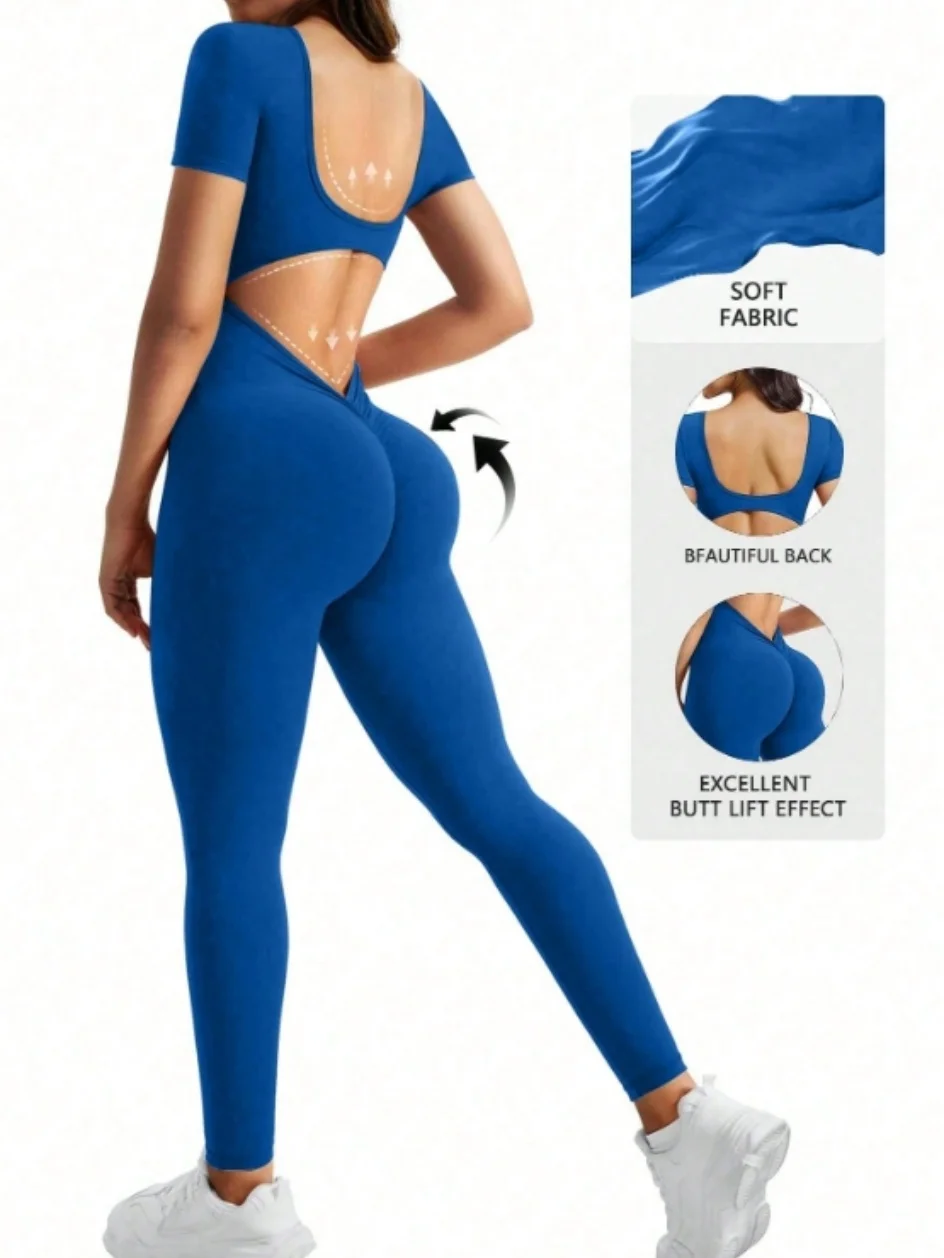 One piece seamless spandex U-neck short sleeved bodysuit with hip lifting, gym clothing, women's fitness jumpsuit image 5